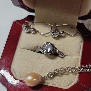 Silver-Tone Cubic Zirconia Ring and Pearl Pendant Set - White and Peach